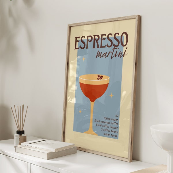 Retro Espresso martini cocktail print with recipe/ Vintage wall art design in pink green or blue/ custom colour design/ home bar kitchen