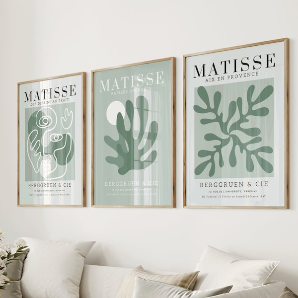 Sage green set of 3 prints/ Green Henri Matisse wall art design/ Bedroom wall decor/ Livingroom poster set/ gift idea/ modern home decor