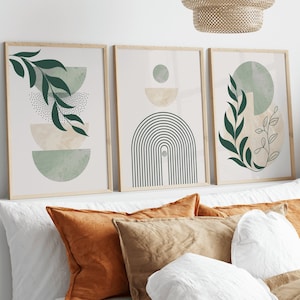 Scandinavian style set of 3 prints in sage green and beige colours with line art plants/ boho geometric wall art design /bohemian