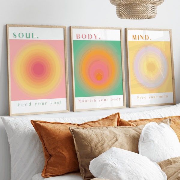 Mind body and soul set of 3 prints / gradient spiritual aura angel number poster set/ minimal pastel colour wall art/ vintage eclectic