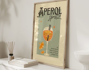 Retro Aperol cocktail print with recipe/ Vintage wall art design in pink green or blue/ custom colour design/ home bar kitchen decor/ gift