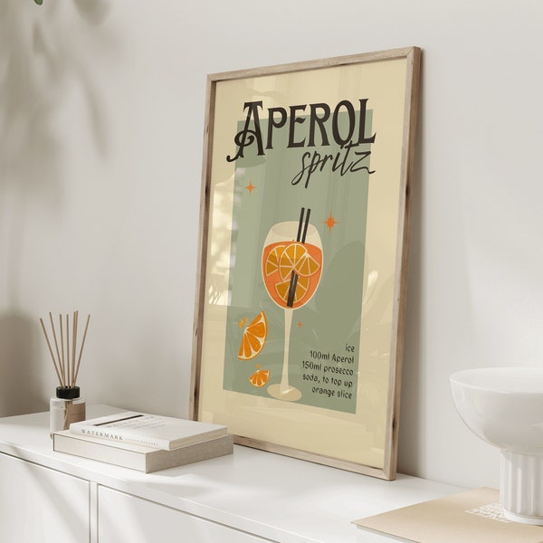 Retro Aperol Cocktail Print mit Rezept / Vintage Wand Kunst in rosa grün oder blau / individuelles Farbdesign / Hausbar Küche Deko / Geschenk