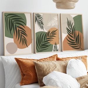 Colourful Botanical plants wall art print in orange and sage green and beige/ boho colour home decor/ abstract dark green plant set of 3