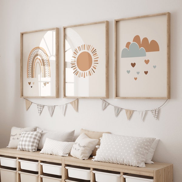 Boho Nursery Wall Art Prints/ Sun rainbow and cloud with hearts Prints/ neutral tones Nursery Wall Art/ Set of 3 prints/ nursery decor