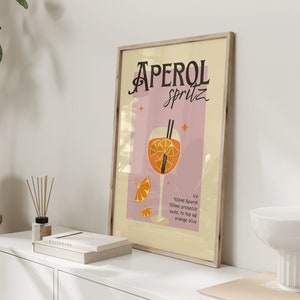 Digital Copy Retro Aperol cocktail print with recipe/ Vintage wall art design in pink green or blue/ custom colour design/ home bar kitchen