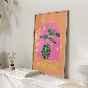 Bright and colourful print/monstera plant poster/plant poster/modern home print/ pop art poster/ bedroom print/pink and orange print