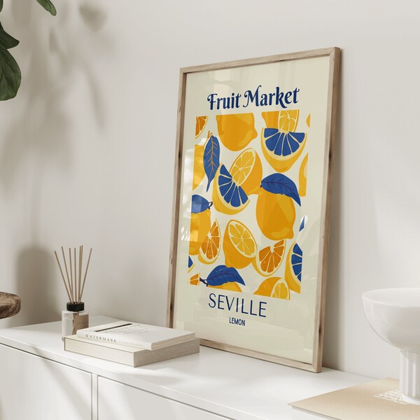 Fruit market lemon print/ seville city poster/ yellow and navy blue colour print/ high quality wall art prints/ summer wall art design/