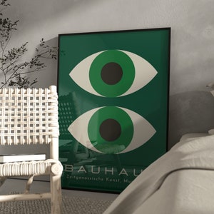 Bauhaus 1919 impresión de arte de pared/ Decoración moderna del hogar/ cartel de color verde esmeralda oscuro/ Cartel retro contemporáneo/ Diseño de formas de ojos de Bauhaus