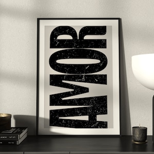 Retro style black and beige spanish wall art quote &#39;amor&#39;/ textured monochrome quote poster/ typography  poster/ high quality wall decor