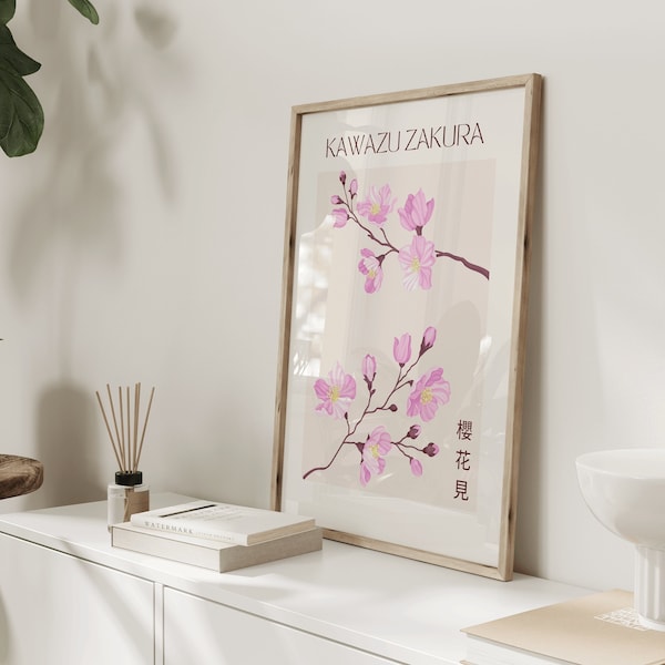 Japanese inspired wall print/Cherry blossom print/ Flower print/ Japanese art/ Soft pastel pink print/ Sakura poster/ Kawazu Zakura