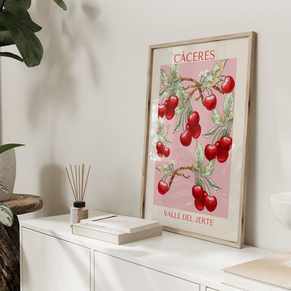 Cherry branch print/ Caceres poster/pop art posters/ colourful posters/ gallery wall/ living room prints/ Spain print/ red pink poster