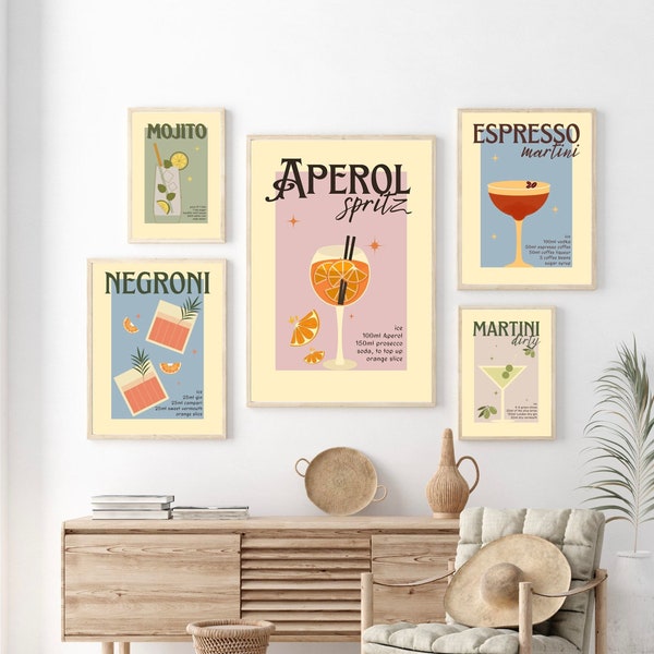 Retro cocktail print gallery wall of 5 prints/ bright and colourful design/ Aperol Spritz, mojito, martini, espresso martini, negroni