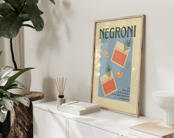 Retro Negroni cocktail print with recipe/ Vintage wall art design in blue and yellow/ high quality design/ home bar kitchen decor/ gift idea