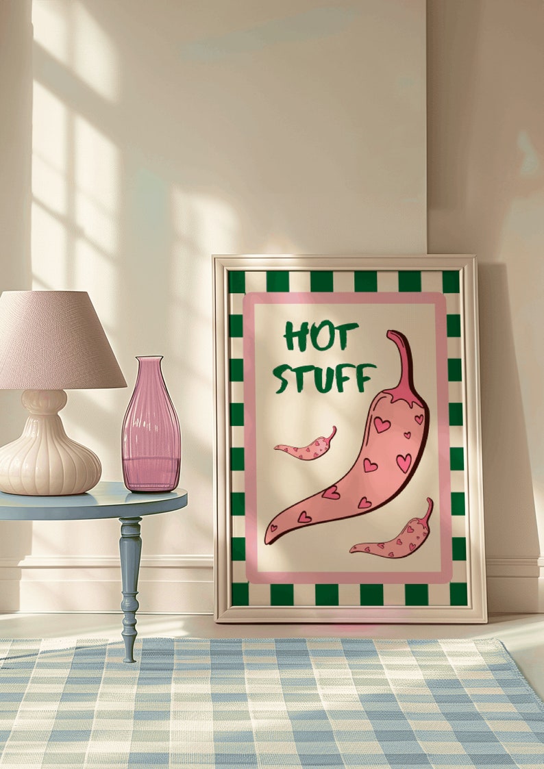 Pink and Green Colour Quote Print ' Hot Stuff' Design With Chili