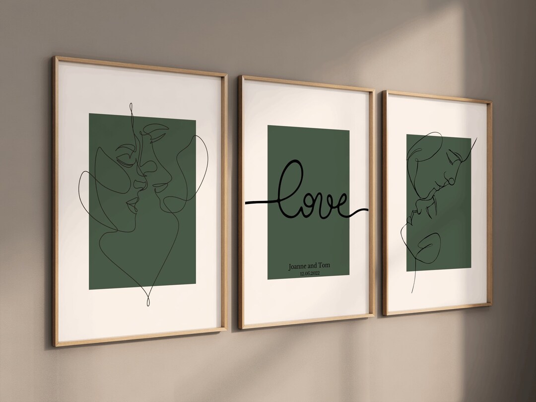 Love Couple Bedroom Set of 3 Prints in Dark Green Colour/ Etsy