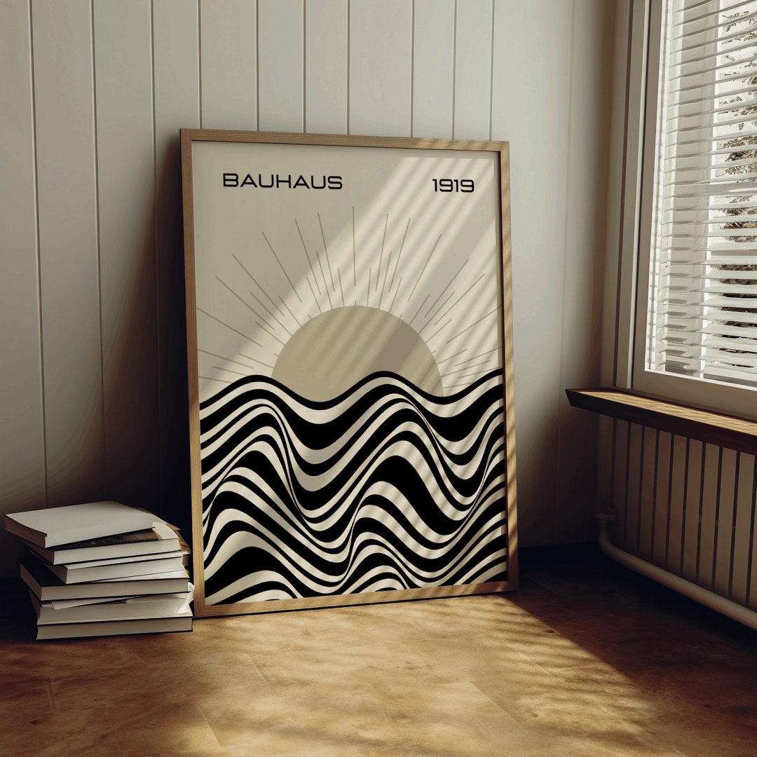Bauhaus 1919 Wall Art Featuring Sun and Waves/ Modern Home Decor/ Beige ...