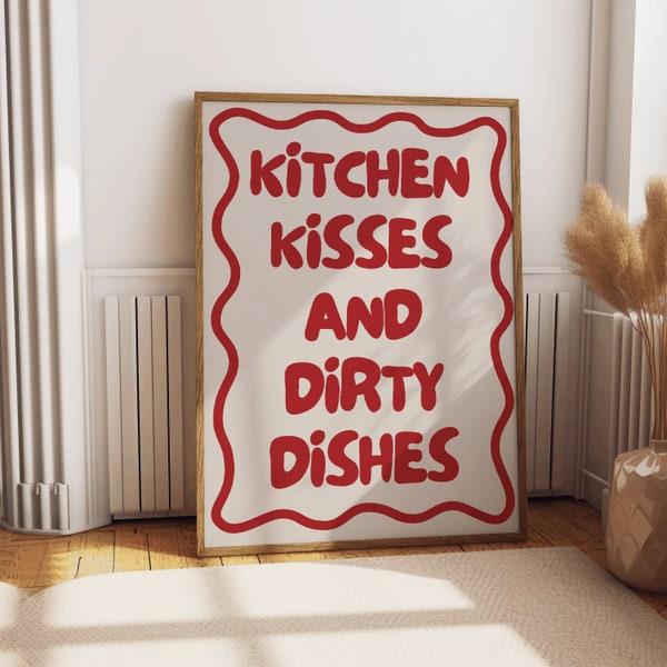 Modern funny quote poster for kitchen 'Kitchen kisses and dirty dishes'/ black, red, blue, yellow, green, pink and beige quote prints