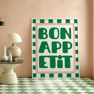 Diseño de impresión de cita en color rosa pastel y verde "Bon Appetit" con patrón de cuadros/decoración de cocina y comedor/regalo presente