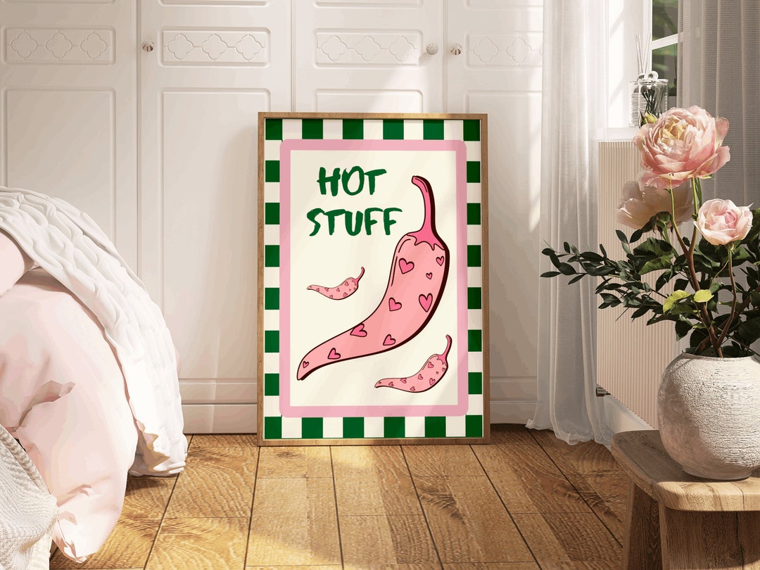 Pink and Green Colour Quote Print ' Hot Stuff' Design With Chili