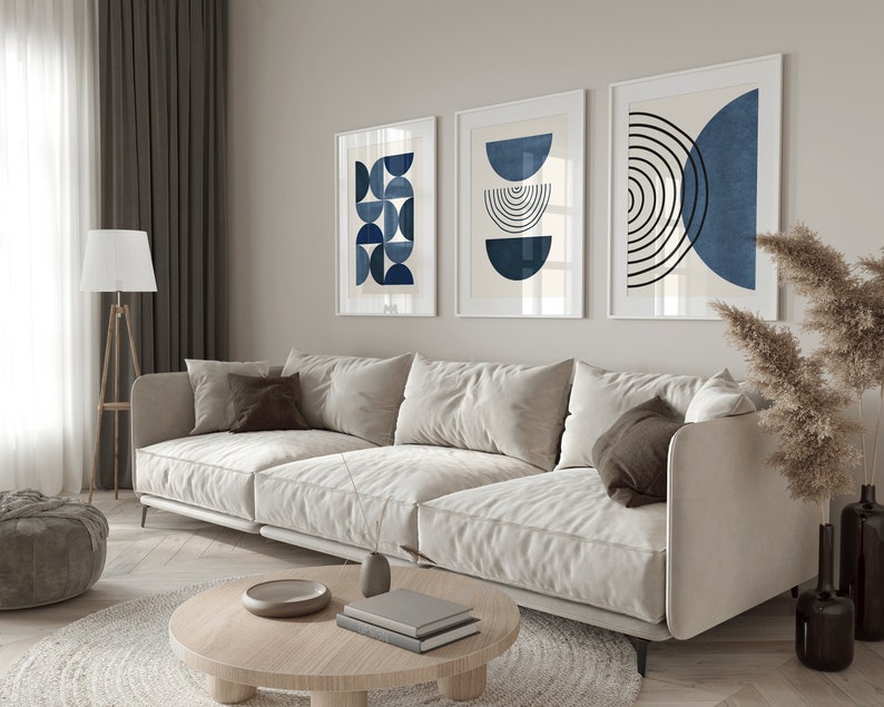 Scandinavian style set of 3 prints in colour blue/ modern image 1
