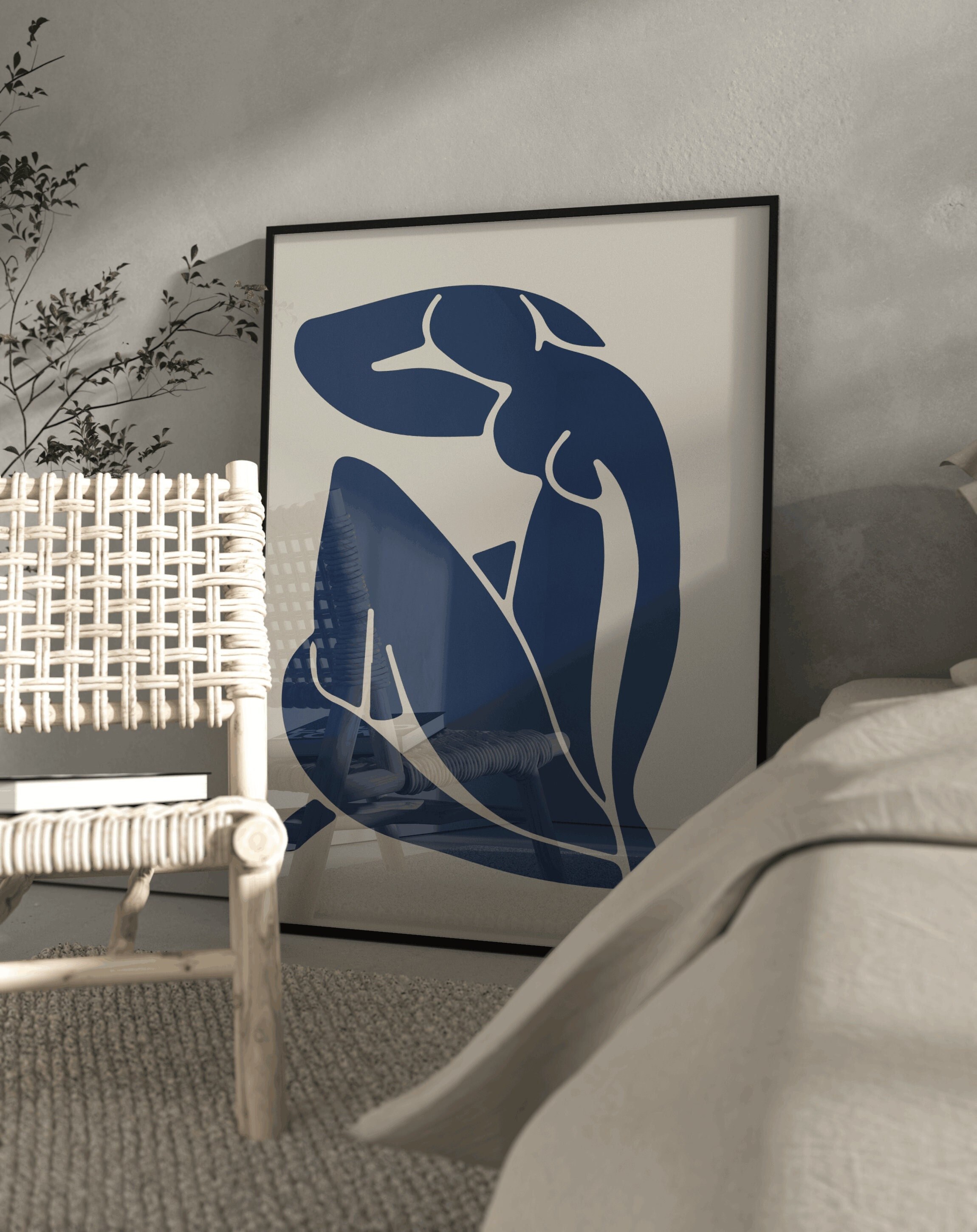 Matisse Style Woman Art Print: Navy Blue Beige Bedroom Decor
