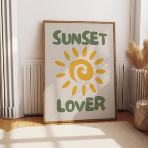Descarga digital de cartel abstracto amante del atardecer con ilustración del sol/ diseño de cartel vintage amarillo y verde/regalo de inauguración de la casa