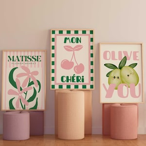 3er Set moderne pastellfarbene Poster / Esszimmer Poster / buntes und fröhliches Zitat 'mon cheri, henri matisse Blumen, Oliven