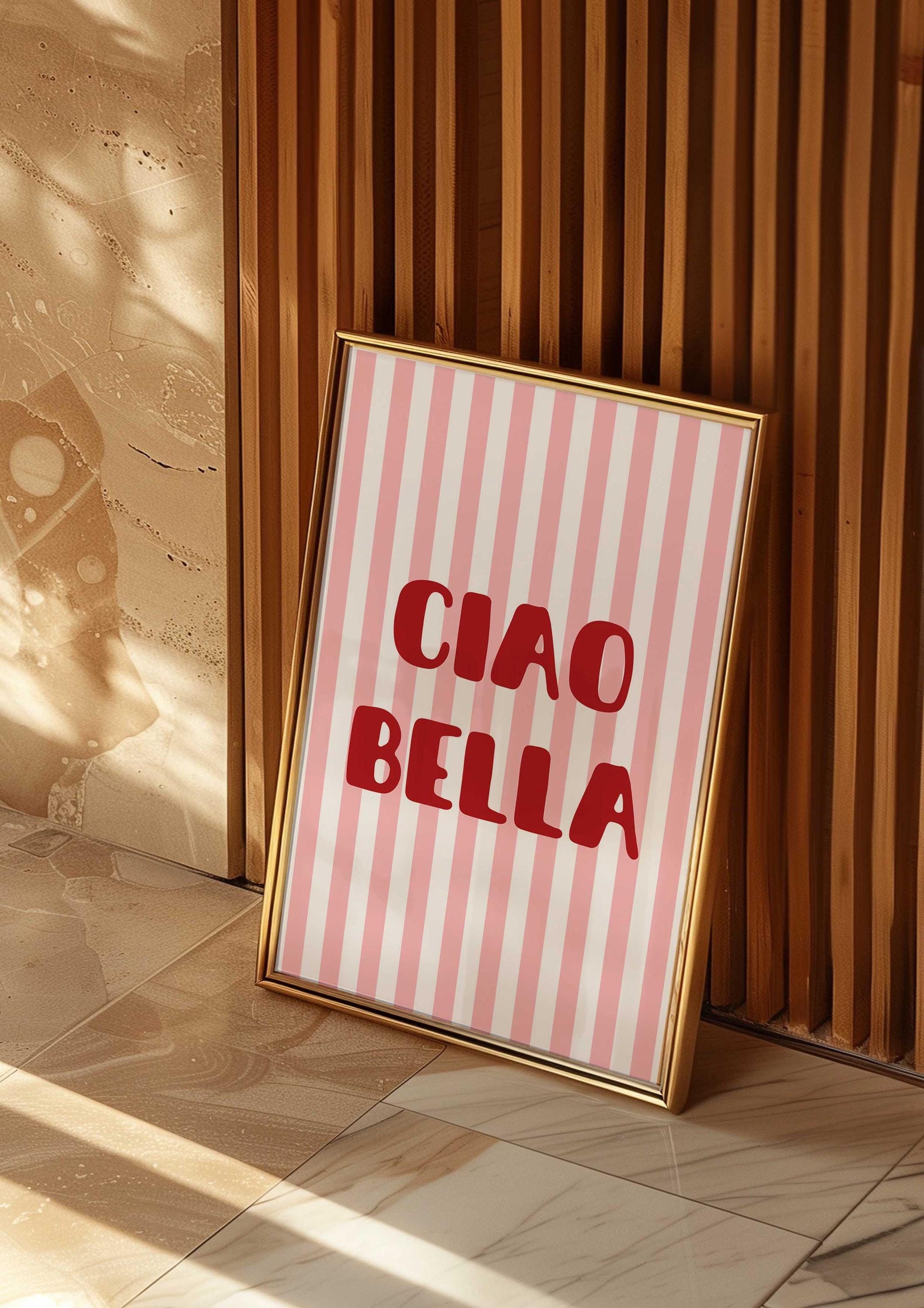Retro style red and pink striped quote 'Ciao Bella'/ Trendy wall art print/ typography  poster/ high quality wall art uk/ kitchen quote