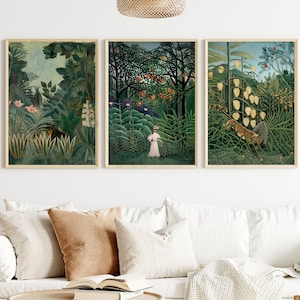 Set of 3 dark green prints by  Henri Rousseau/ retro vintage Jungle  posters/ tropical wall art design/ women tiger and forests plants print