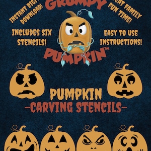 Puede incluir: Seis plantillas digitales para tallar calabazas con diferentes expresiones faciales, incluyendo gruñón, sonriente y sorprendido. Las plantillas están etiquetadas como "Calabaza Gruñona" y "Plantillas para Tallar Calabazas".