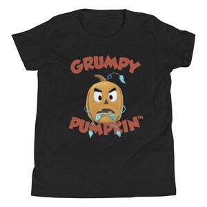 May include: Black youth t-shirt with a red "GRUMPY PUMPKIN" graphic. The pumpkin has a frowning face and is surrounded by green vines.