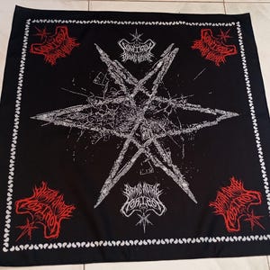 May include: A black square bandana featuring a large white distressed star graphic in the center with the text Bring Me The Horizon. The four corners display red stylized text logos, and the entire perimeter is bordered by a white paisley pattern.