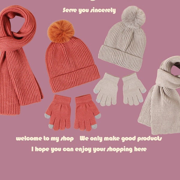 Kids Knit Hat,Scarf,Gloves Winter Set, Warm Hat With Fleece Boys & Girls.