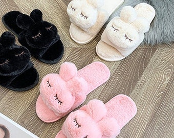 Kids Plush Winter Slipper Open Toe With A Bunny Face.