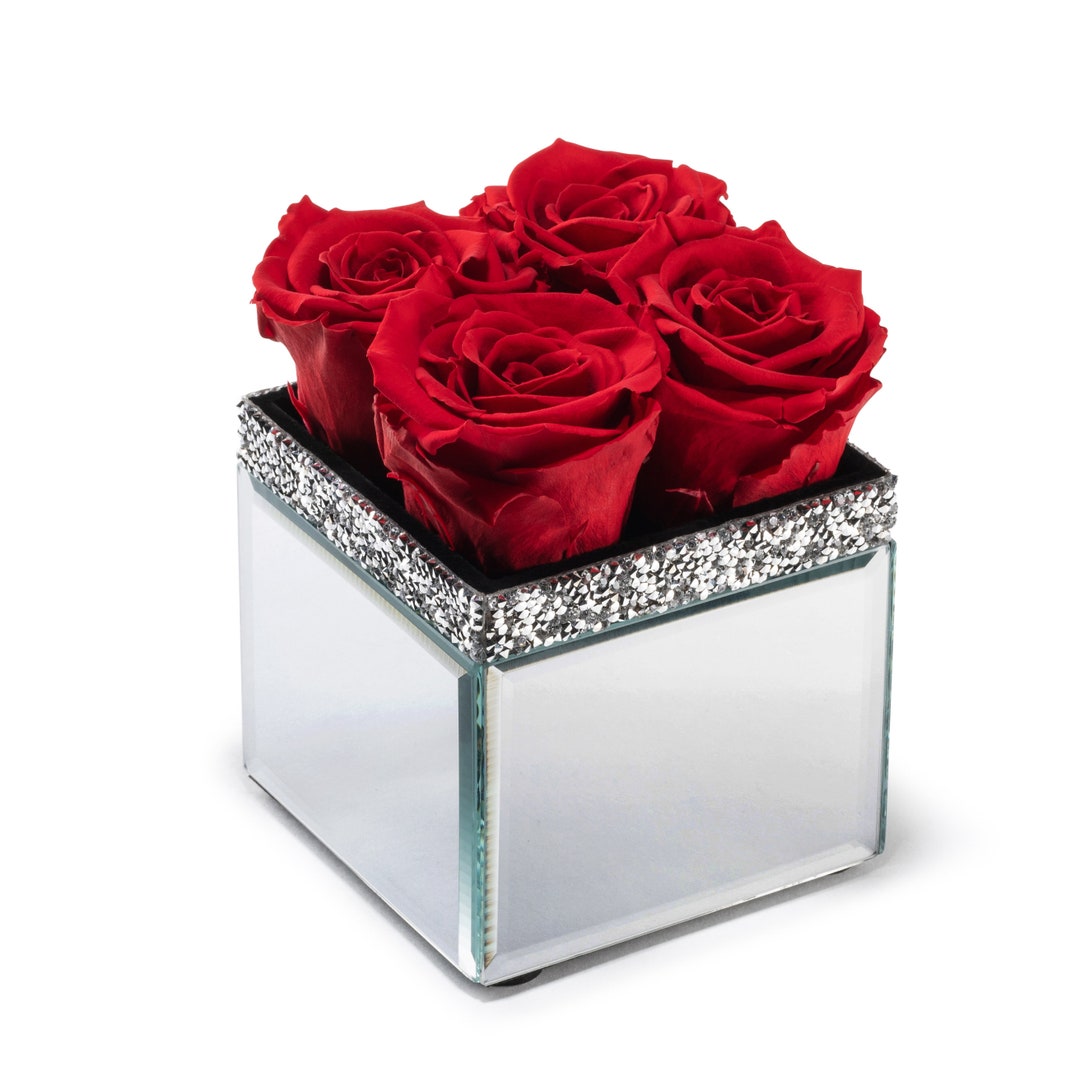 SOHO FLORAL ARTS Luxury Mirrored Vase Pave Accent Preserved Eternal Real Roses in a Box That