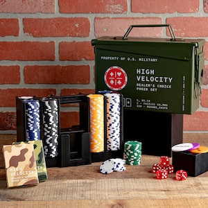 Poker Set | Ammo Box Loaded with THE ULTIMATE Poker Arsenal, Playing Cards, Poker Chips, Dice, Fathers Day Gift