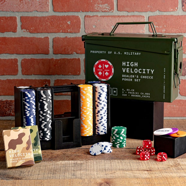 Poker Set | Ammo Box Loaded with THE ULTIMATE Poker Arsenal, Playing Cards, Poker Chips, Dice, Fathers Day Gift