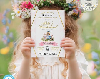 7th Birthday Invitation: Alice’s Adventures Tea Party Invite - Editable Digital Download