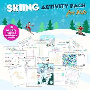 The image is an advertisement for a skiing activity pack for kids, featuring various skiing-related activities and games for children.