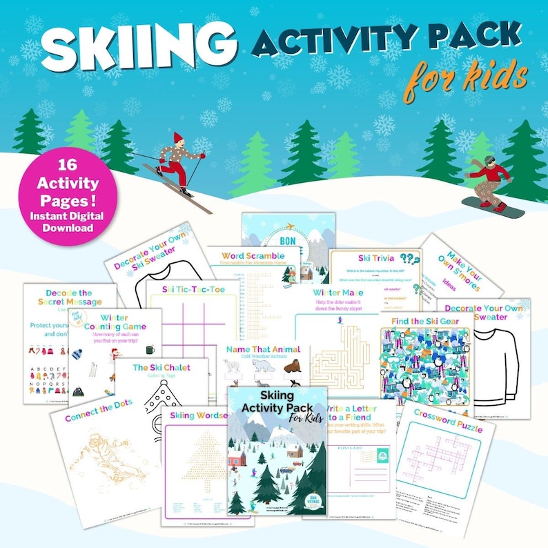 The image is an advertisement for a skiing activity pack for kids, featuring various skiing-related activities and games for children.