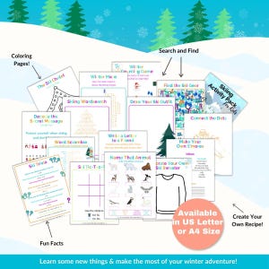 The image is a collection of various winter-themed educational materials, including coloring pages, a ski chute, a word search, and a snowman kit. The materials are available in US Letter or A4 size, and they are designed to help children learn and have fun during the winter season.