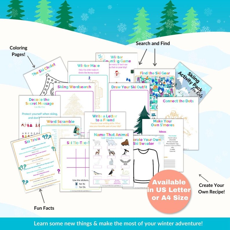The image is a collection of various winter-themed educational materials, including coloring pages, a ski chute, a word search, and a snowman kit. The materials are available in US Letter or A4 size, and they are designed to help children learn and have fun during the winter season.