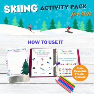 The image is an advertisement for a skiing activity pack for kids. It features a winter scene with a skier and snowboarder, along with a book titled "Draw Your Ski Outfit" and a set of colored pencils. The text on the image suggests that the activity pack is designed for children to learn about skiing and draw their ski outfits.