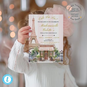 Paris Themed Birthday Invitation | 12th Birthday | Eiffel Tower Kids Invite | Editable Template via Templett | Instant Digital Download