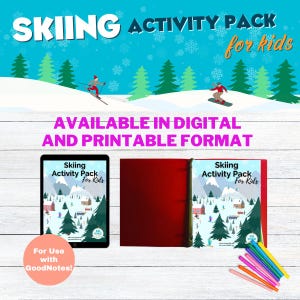 The image is an advertisement for a skiing activity pack for kids, featuring a winter scene with skiers and snowboarders, as well as a tablet and a red book with a skiing activity pack for kids.