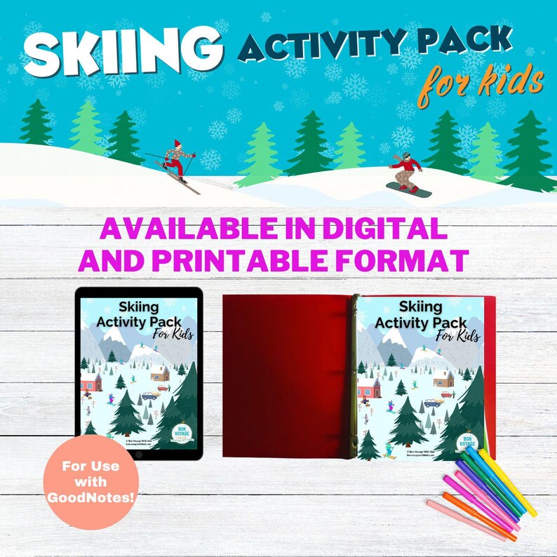 The image is an advertisement for a skiing activity pack for kids, featuring a winter scene with skiers and snowboarders, as well as a tablet and a red book with a skiing activity pack for kids.