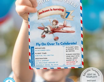Airplane Birthday Invitation Template | Editable Digital Template | Printable Invite | Aviation Theme | Boy Birthday Party | 7th Birthday