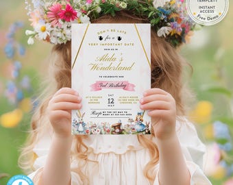 Alice in Wonderland Birthday Invitation: Whimsical Tea Party, Editable Template (Digital Download)