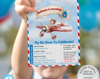 May include: A birthday party invitation with a red and white border. The invitation features a watercolor illustration of a red airplane with a pilot, the text "How Time Flies!" and "Jackson is turning 8". Includes event details.