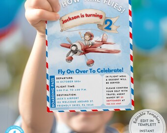 Vintage Airplane Birthday Invitation: Editable Aviation Party Template (Digital Download)